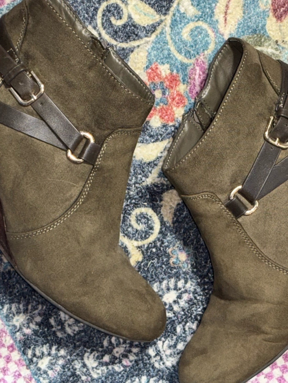 Olive Suede Ankle Wedge-Heel Booties with Buckle Accent